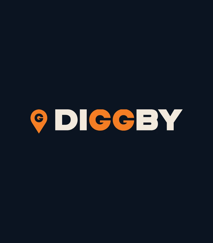 The Diggby lockup: an orange map pin beside DIGGBY, with the two Gs in orange
