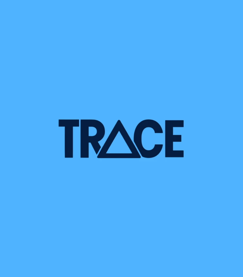 The TRACE wordmark in navy, the A drawn as a triangle, on sky blue