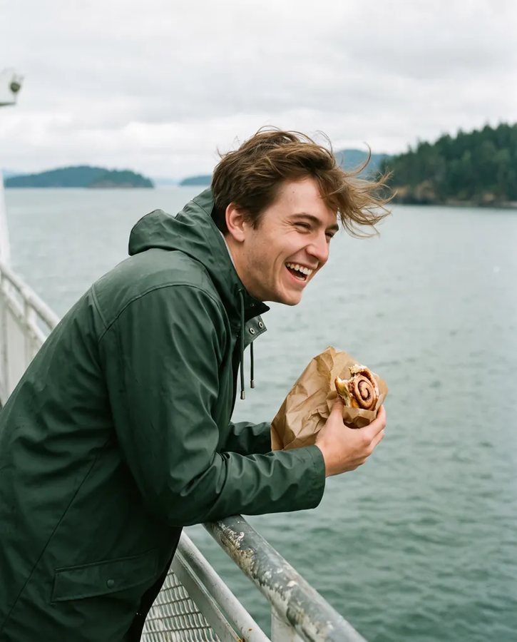 A man laughing on the ferry deck with a cinnamon bun