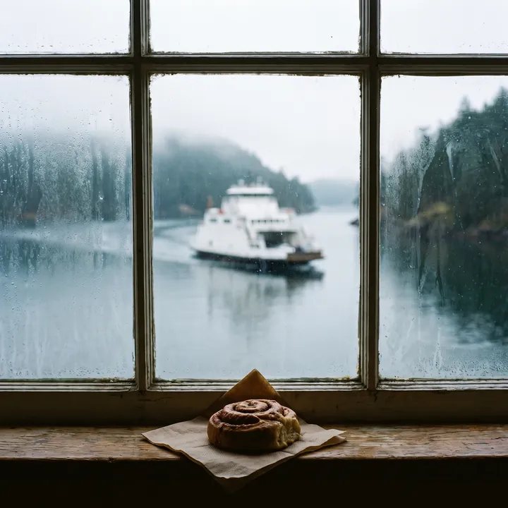 A bun on the windowsill with the ferry outside