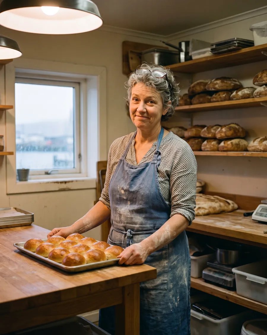 The baker setting out a tray of buns