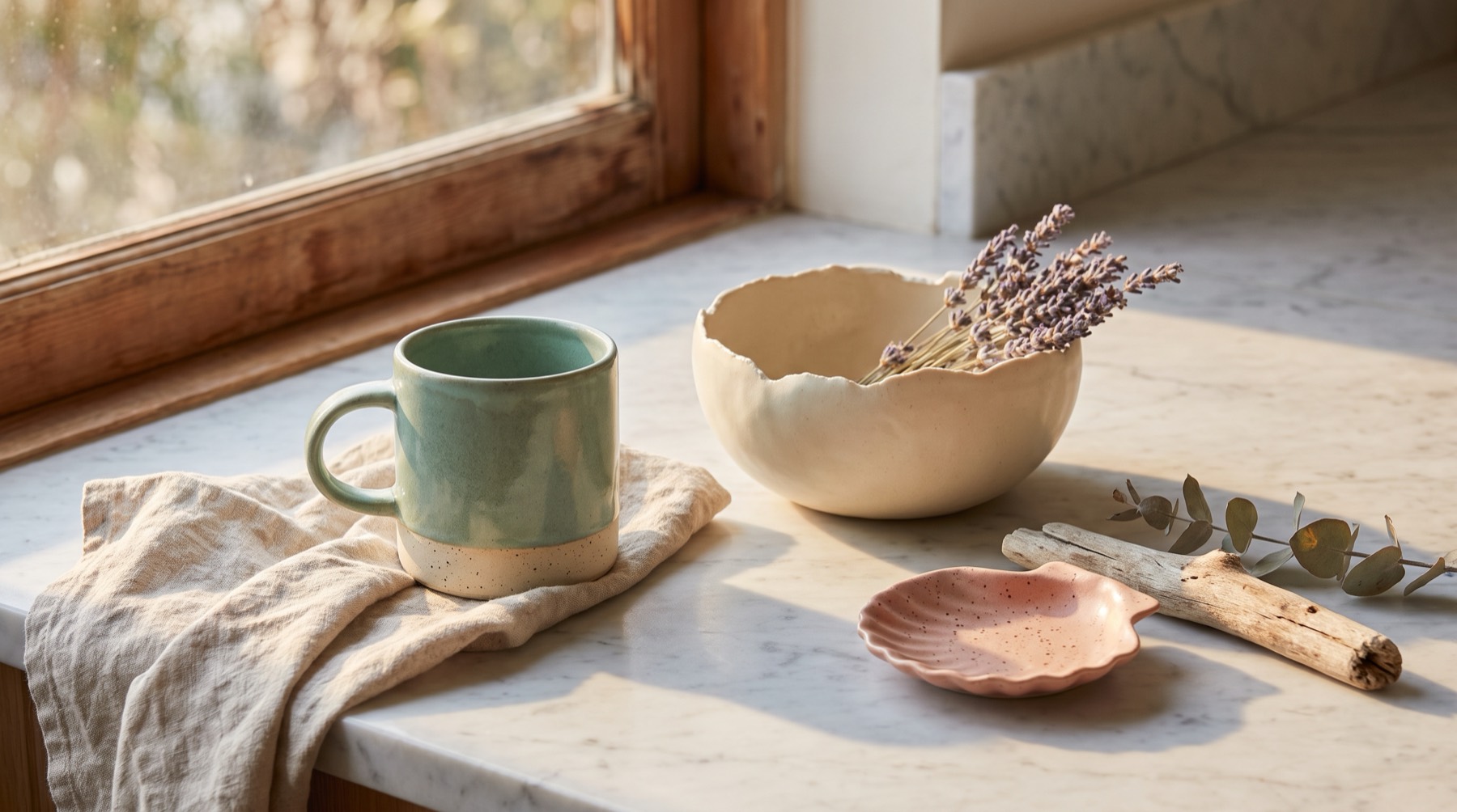 A sea-glass green mug, a cream organic bowl and a blush scallop dish on marble in golden light