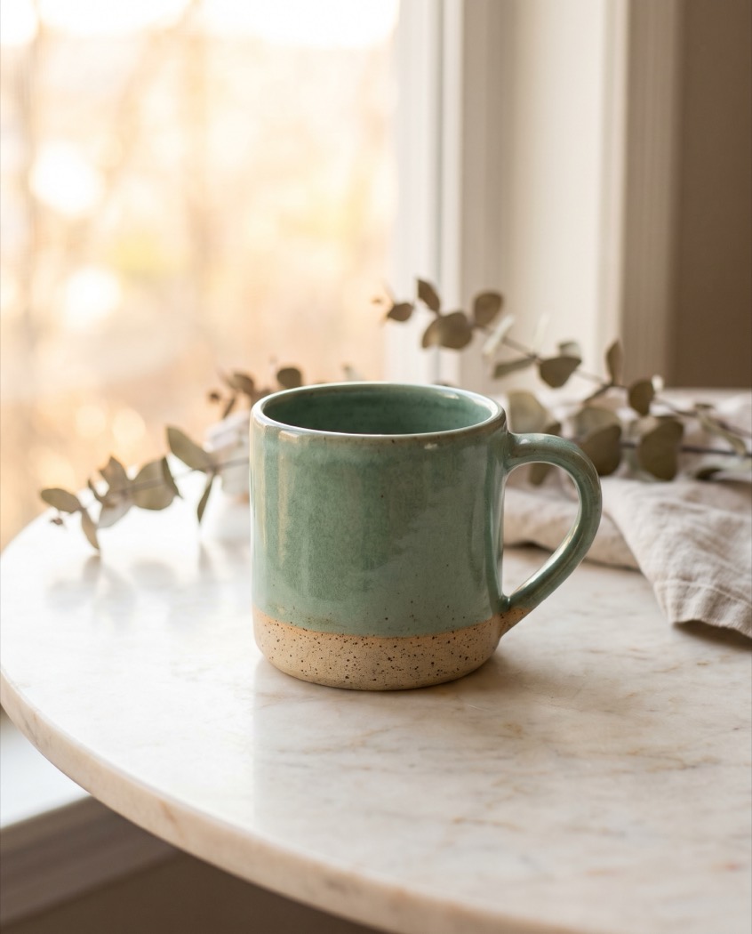 Sea-glass green glazed mug on marble