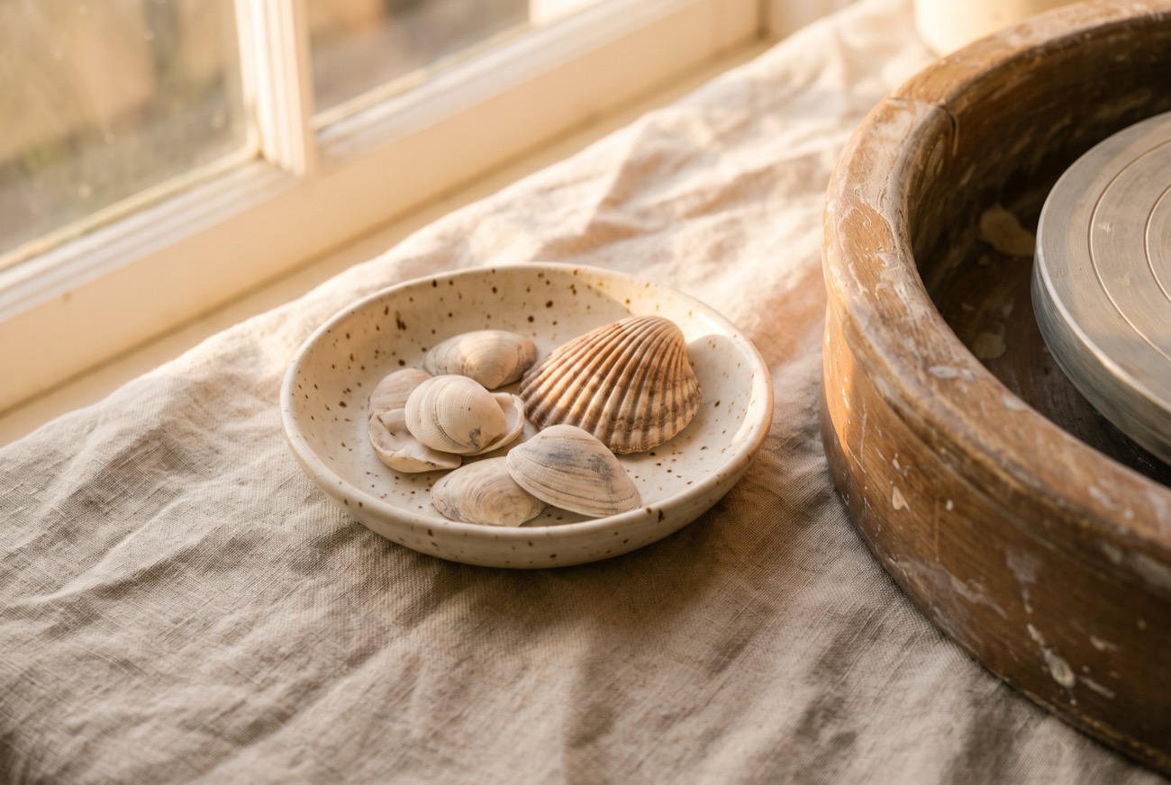 A little dish of seashells beside the pottery wheel