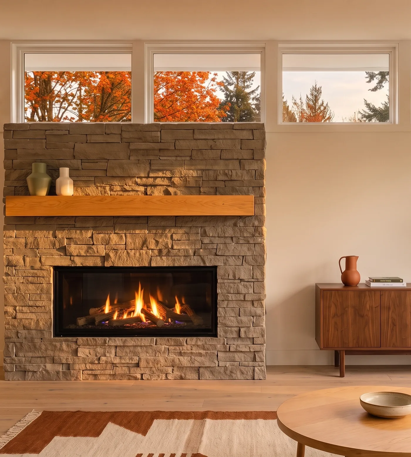 Autumn: orange leaves outside, the gas fireplace lit