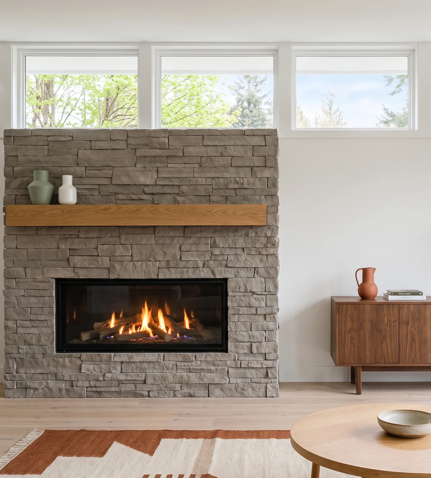 Spring: new leaves outside, the gas fireplace lit