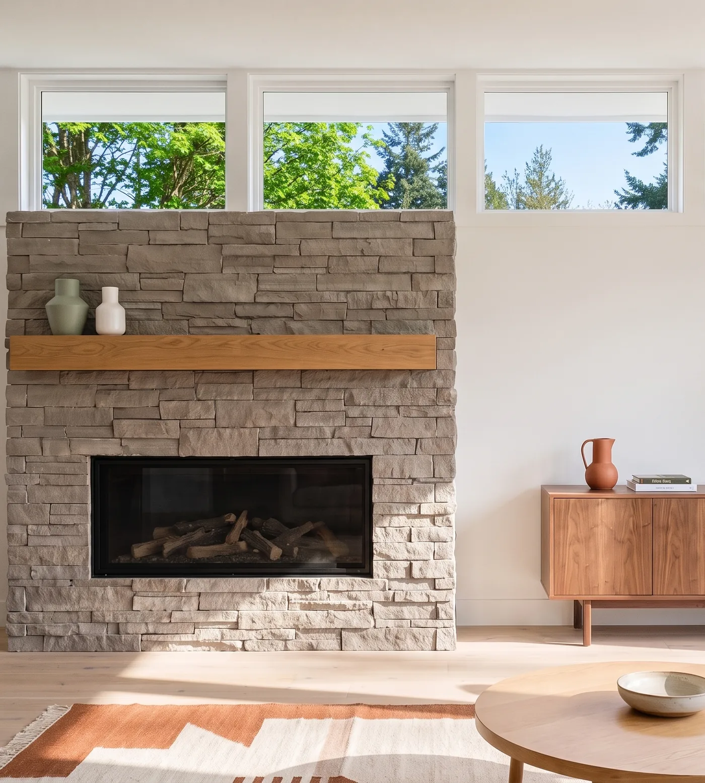 Summer: full sun outside, the fireplace off