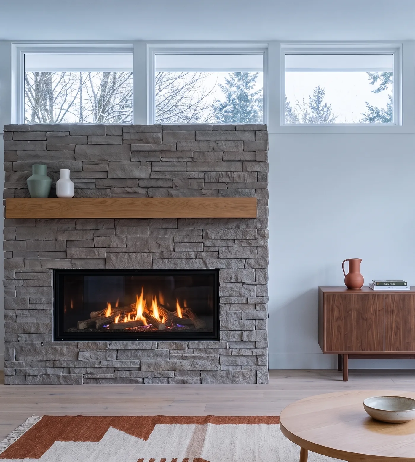 Winter: snow on the trees outside, the gas fireplace lit