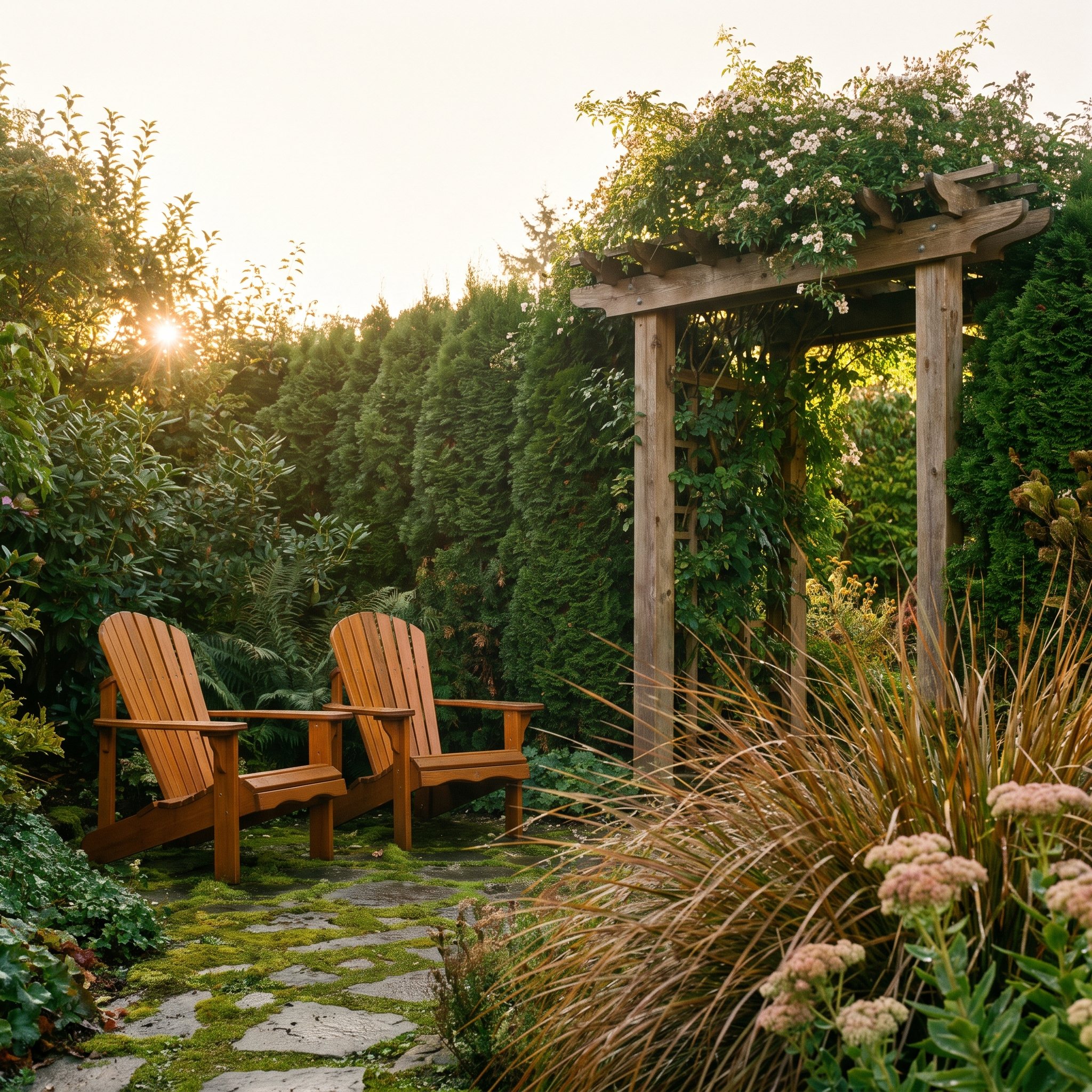 Two wooden garden chairs on a mossy stone path beside a vine-covered cedar pergola, ornamental grass and sedum in the foreground, in late sun