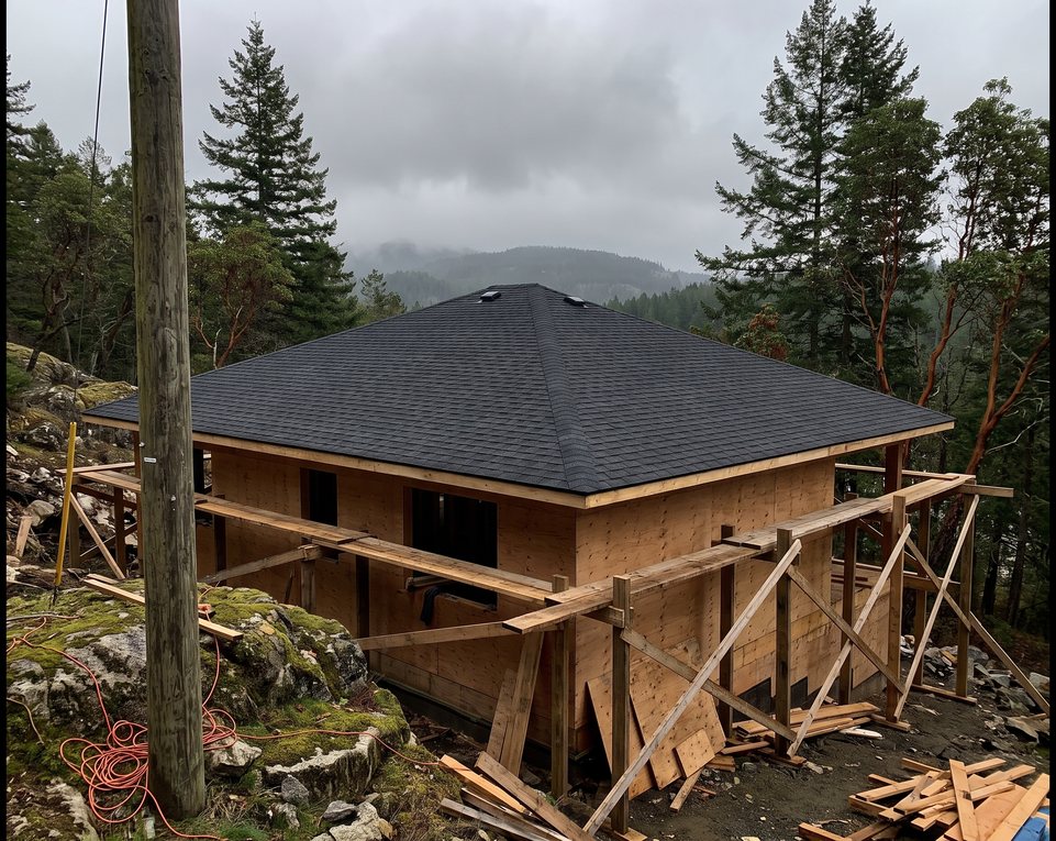 A new shingle roof on a house still in sheathing, among the firs and arbutus